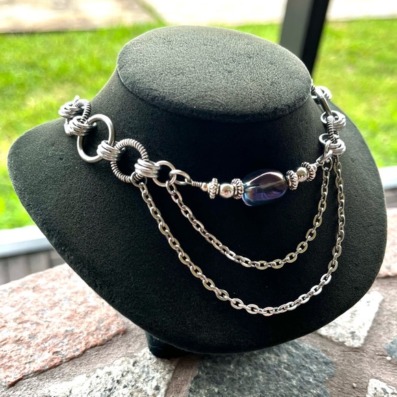 Handmade maille choker necklace blue purple aura crystal stainless steel chain - Picture 5 of 14